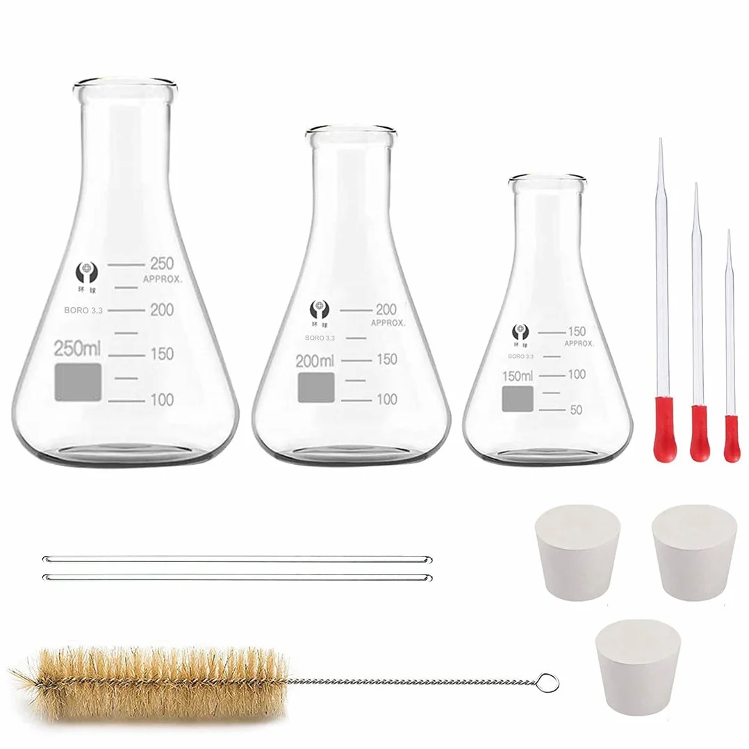 Zestaw szklanych kolb Erlenmeyera JESTOOLO 250 ml 200 ml 150 ml z pipetami