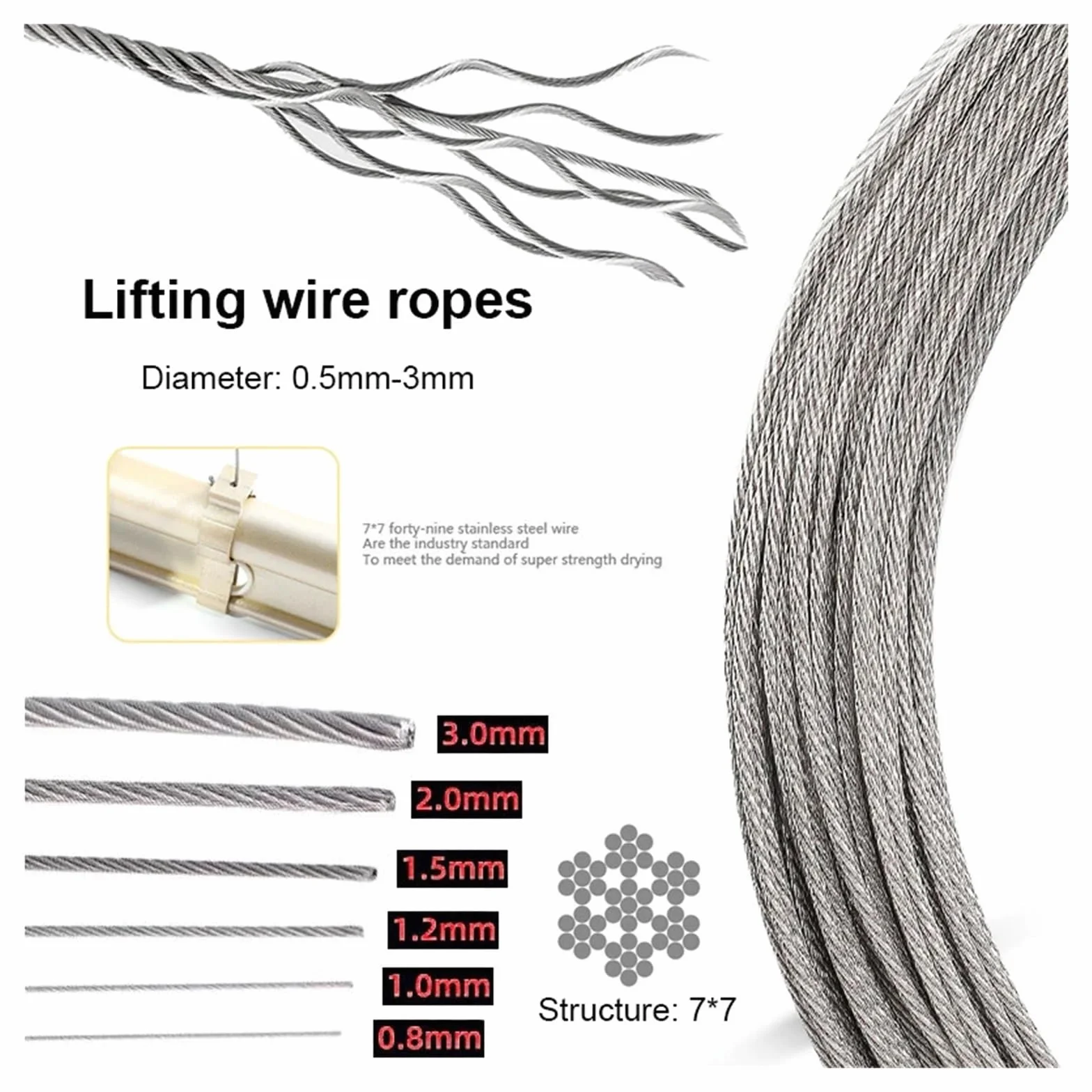 304 Stainless Steel Wire Rope 7x7 Structure 0.5-3mm Diameter 10M/5M Heavy Duty Fishing Lifting Cable