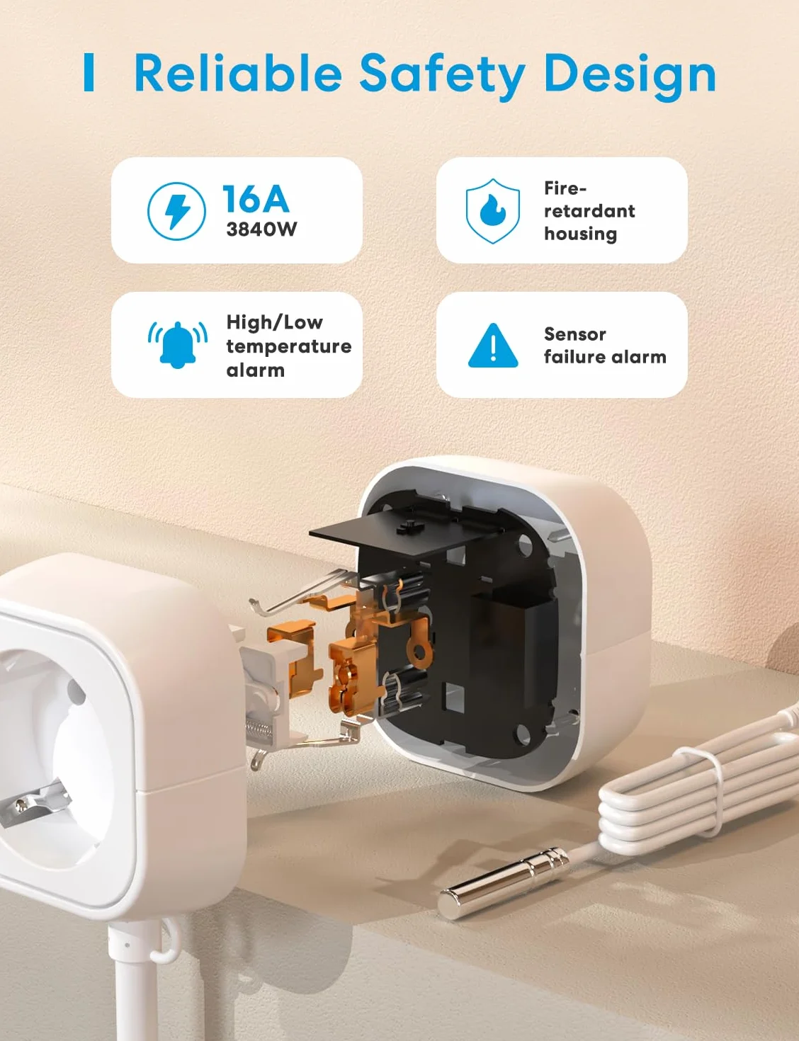 Meross Regulator temperatury, inteligentny termostat, gniazdko elektryczne do HomeKit Digital Wi-Fi, WiFi, termostat ogrzewania z czujnikiem do ogrzewania i chłodzenia 16 A, 2,4 GHz