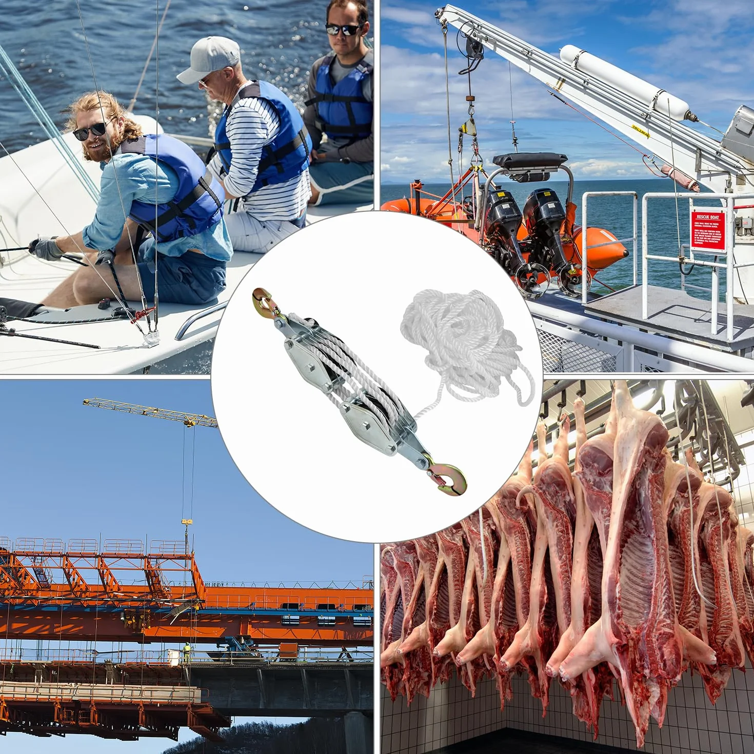 QWORK® Wciąg do dużych obciążeń, maksymalna pojemność: 2000 kg, maks. wysokość podnoszenia: 2,4 m – 8 rolek prowadzących i linka 20 m