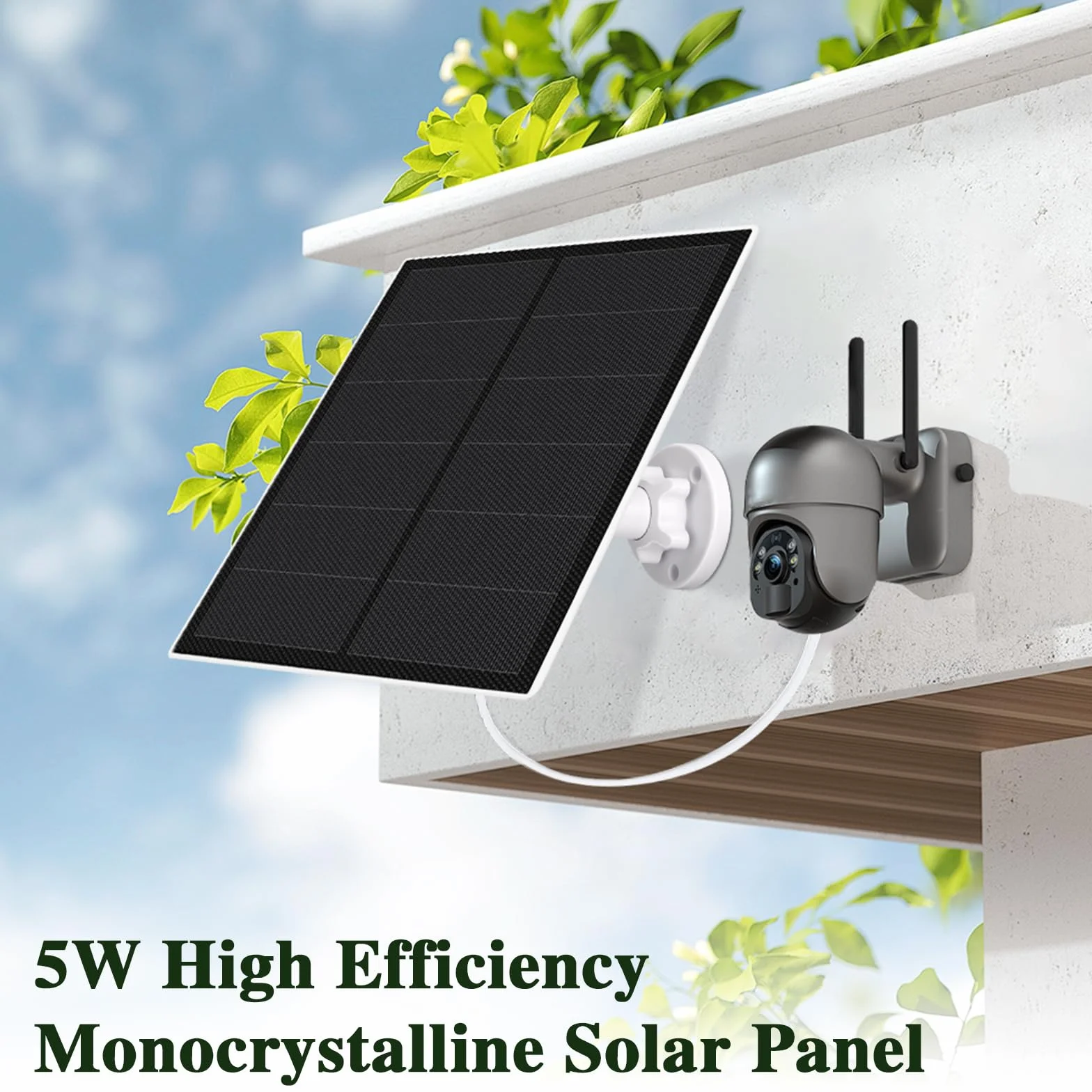 Panel słoneczny do kamery monitorującej na zewnątrz, moduł słoneczny do kamery 5 W z złączem micro USB i USB-C, panel słoneczny, uchwyt z regulacją 360°, kabel ładujący 9,8 ft, wodoodporność IP65
