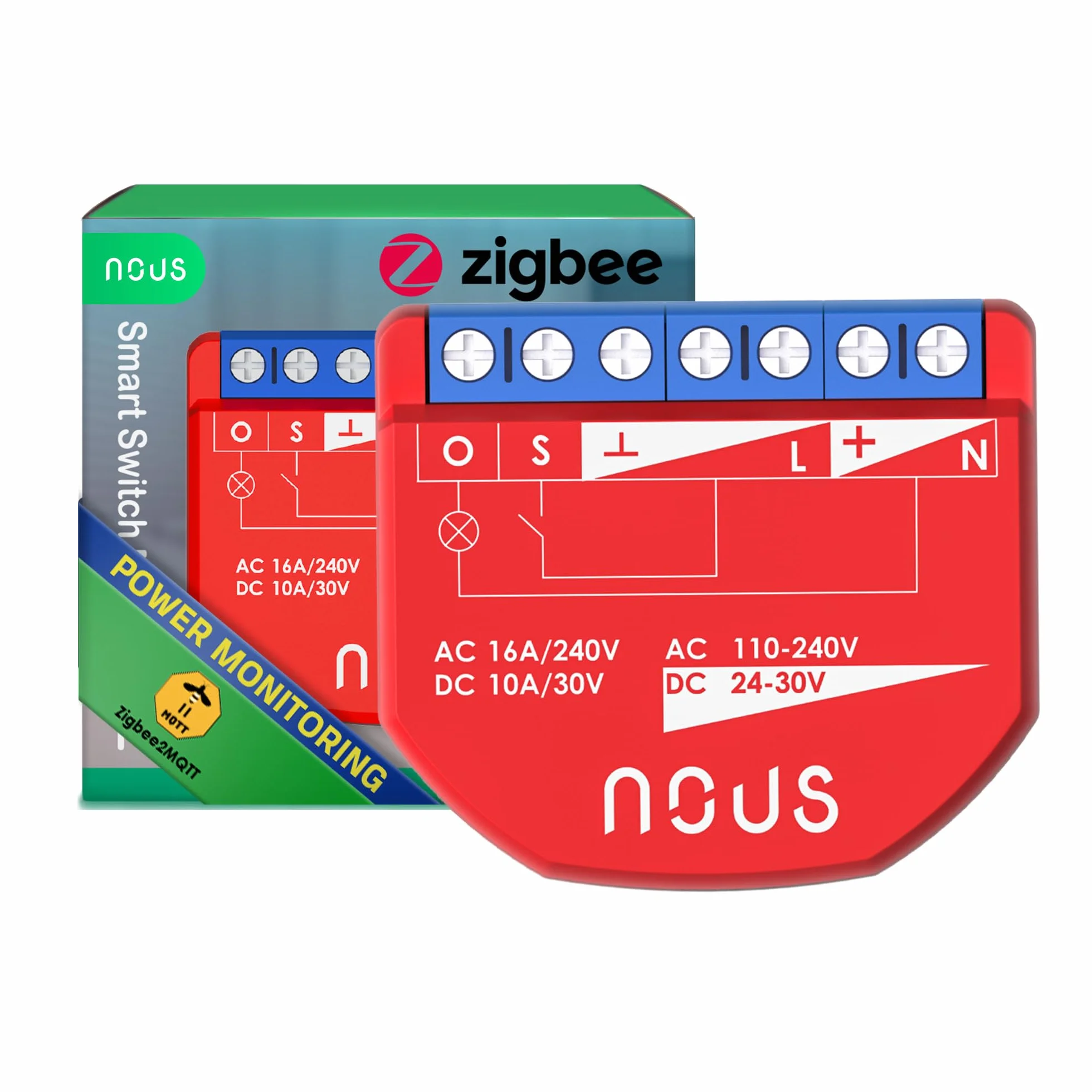 NOUS ZigBee Smart Switch moduły z pomiarem mocy, 1 kanał, AC 16 A/DC 10 A, suche styki, wymagany koncentrator 3.0, kompatybilny z Alexa, Zigbee2MQTT, Google Assistant, Home Assistant, Tuya
