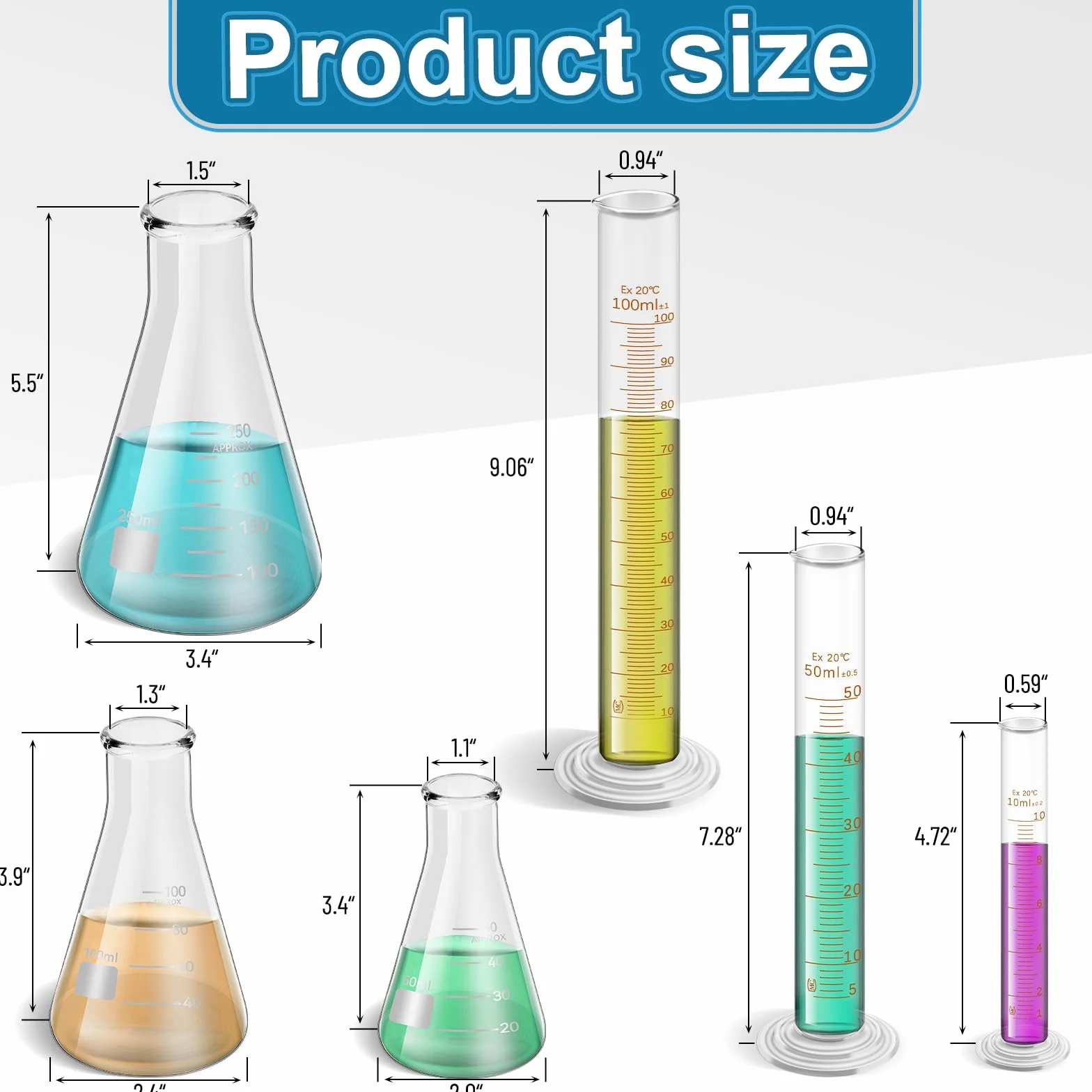 14 sztuk szklanych kubków z miarką 50/100/500 ml, szklana butelka 50/100/250 ml, cylinder z podziałką szklaną 10/50/100 ml z 1 pędzlem, 2 średnicami i 2 kroplami, zestaw do laboratorium