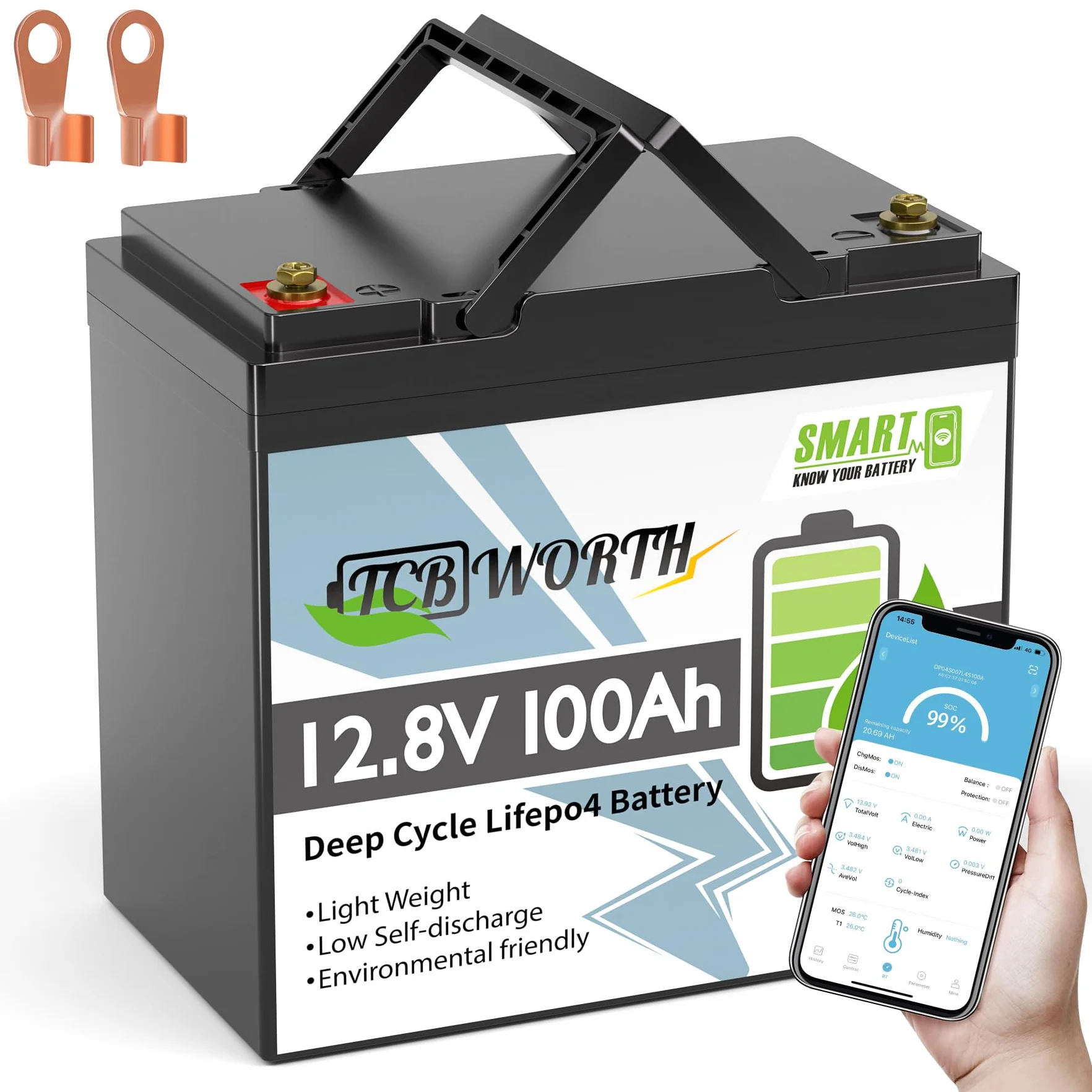 TCBWORTH LiFePO4 12 V 100 Ah Bluetooth baterie litowe 100 A BMS, niska temperatura i 4000+ głęboki cykl, 1280 Wh do kampera, łodzi, domu, zestawu paneli słonecznych, kempingu