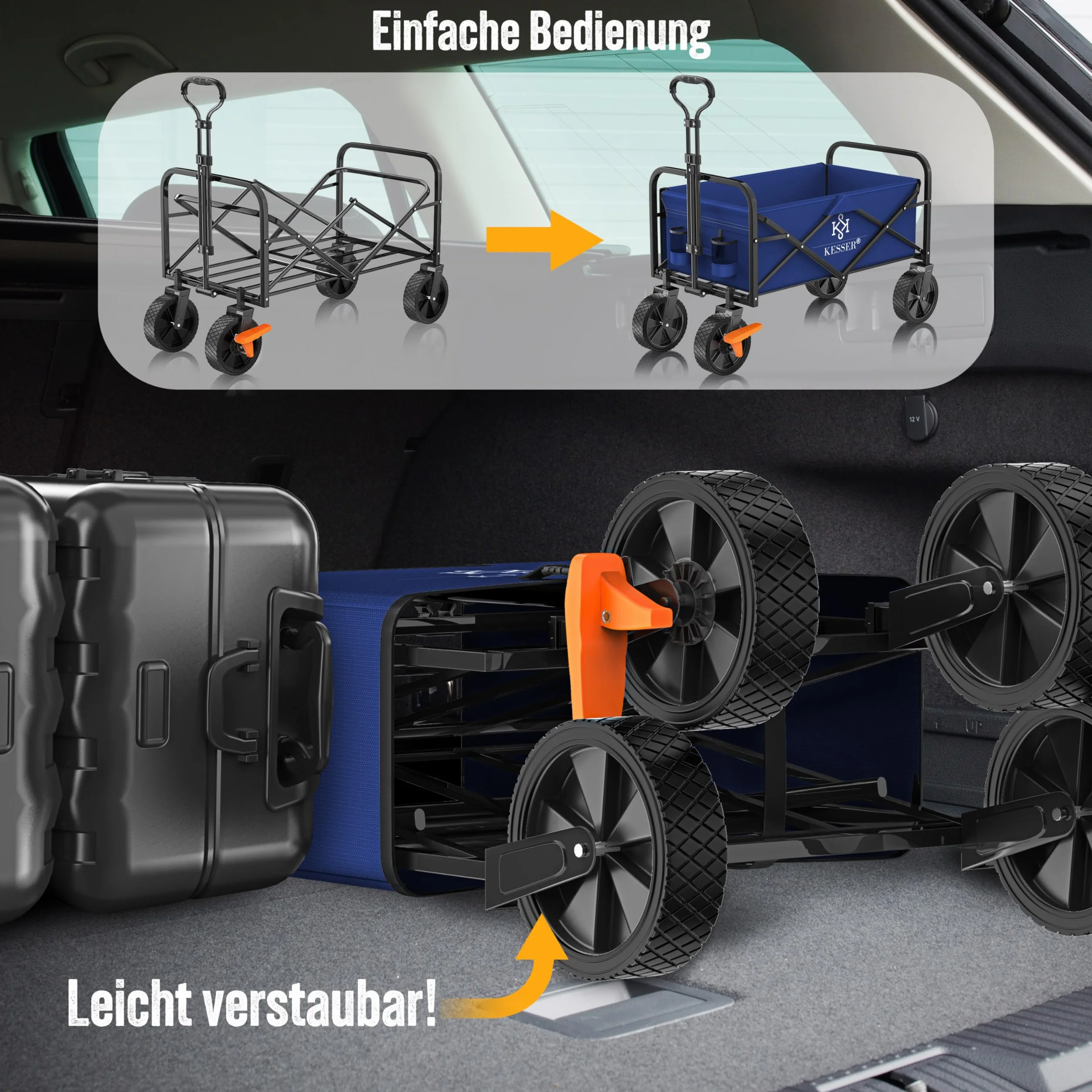 KESSER® Składany wózek ręczny, wózek transportowy, wózek na narzędzia, w zestawie 2 kieszenie z siatki, składany, opony PCW, nośność do 80 kg, przyczepa ogrodowa bez dachu