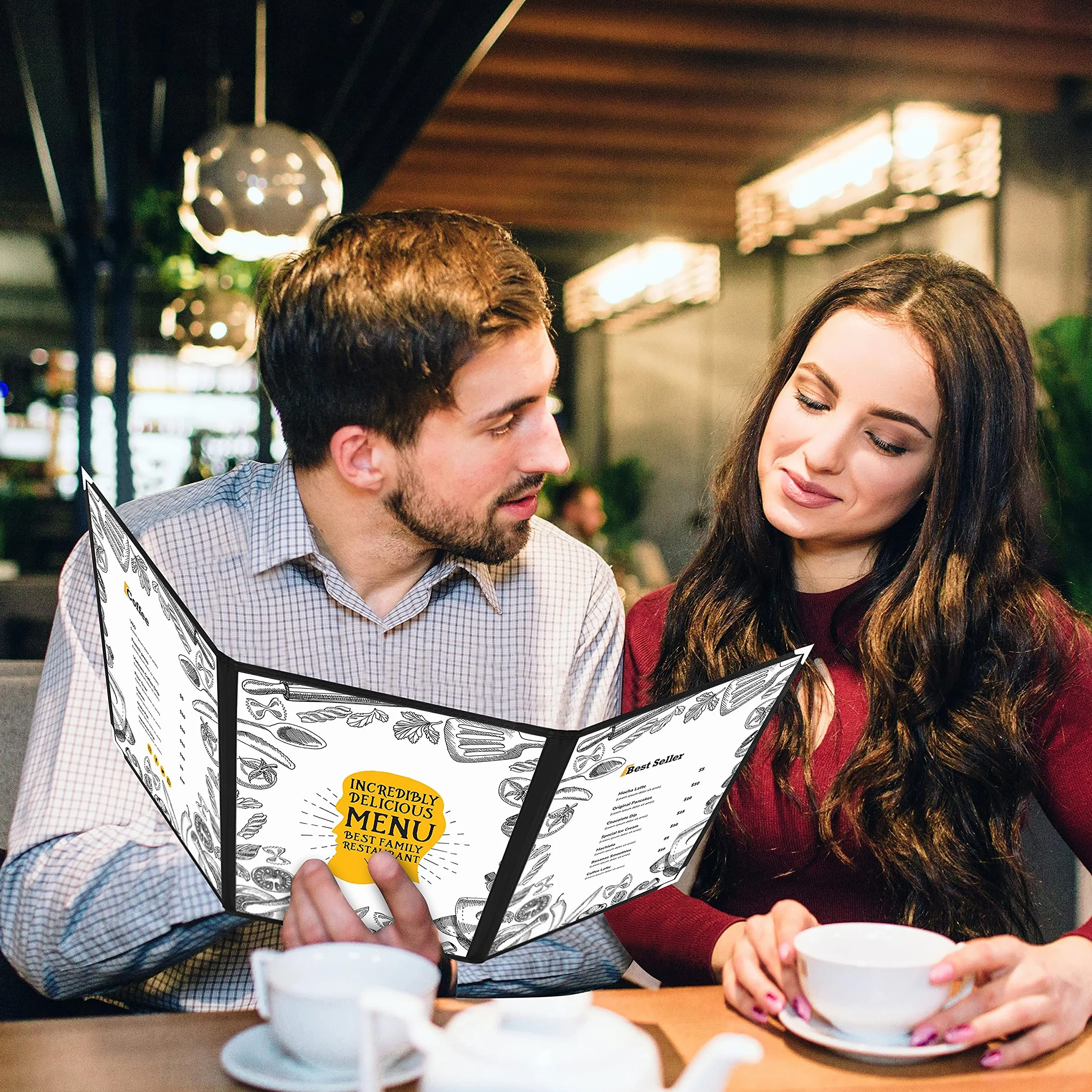 Kurtzy Potrójnie składane okładki na menu A5 (10 sztuk) - 3 składane podwójne uchwyty na menu w stylu amerykańskim - czarne potrójnie przezroczyste okładki menu z ochraniaczami narożnymi - do restauracji, barów, kawiarni, jedzenia i napojów