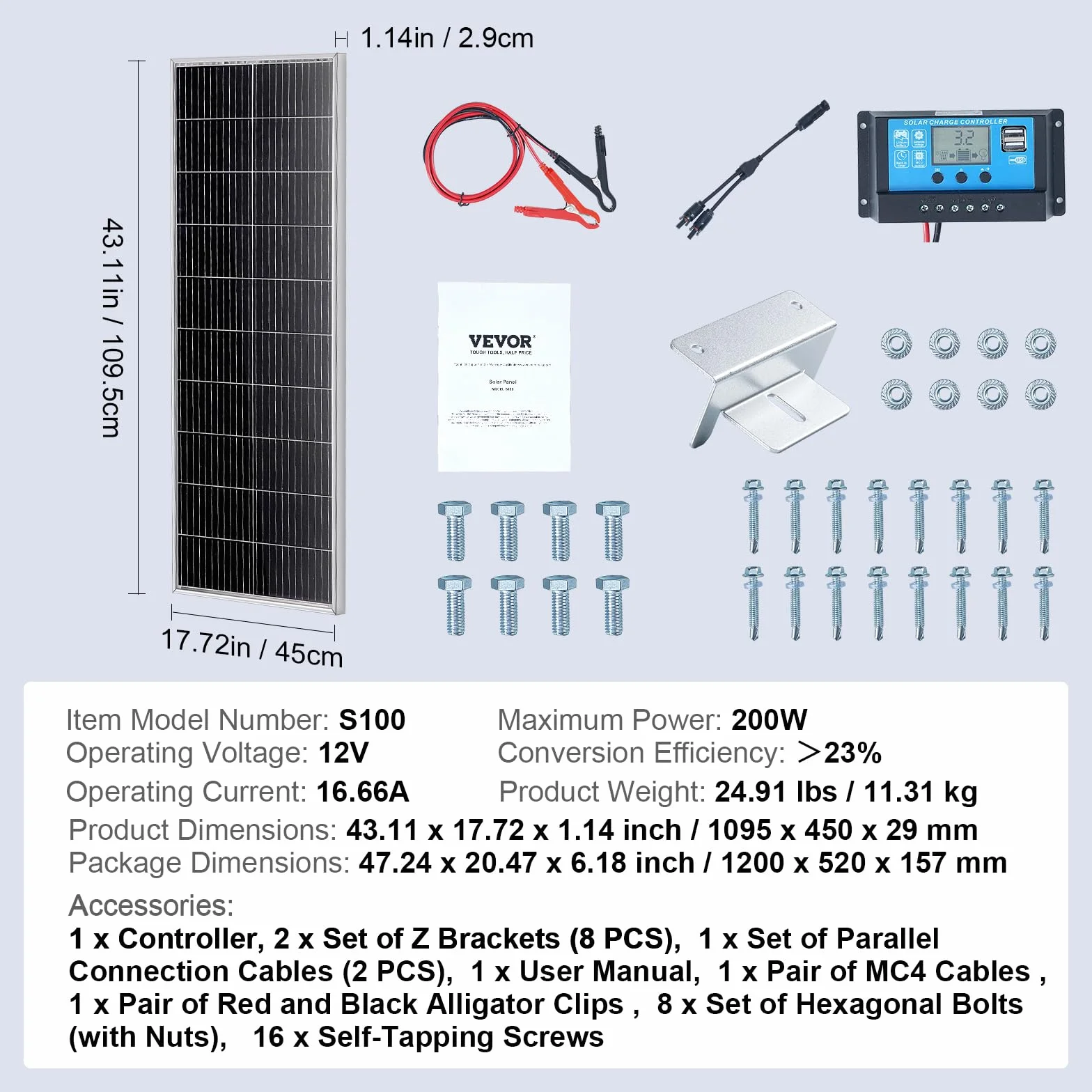 VEVOR Panel słoneczny 200 W, zestaw 2 sztuk, monokrystaliczny moduł solarny 12 V, regulator ładowania, instalacja solarna 16,66 A, współczynnik konwersji 23%, kompatybilny z bateriami AGM, żelowymi,