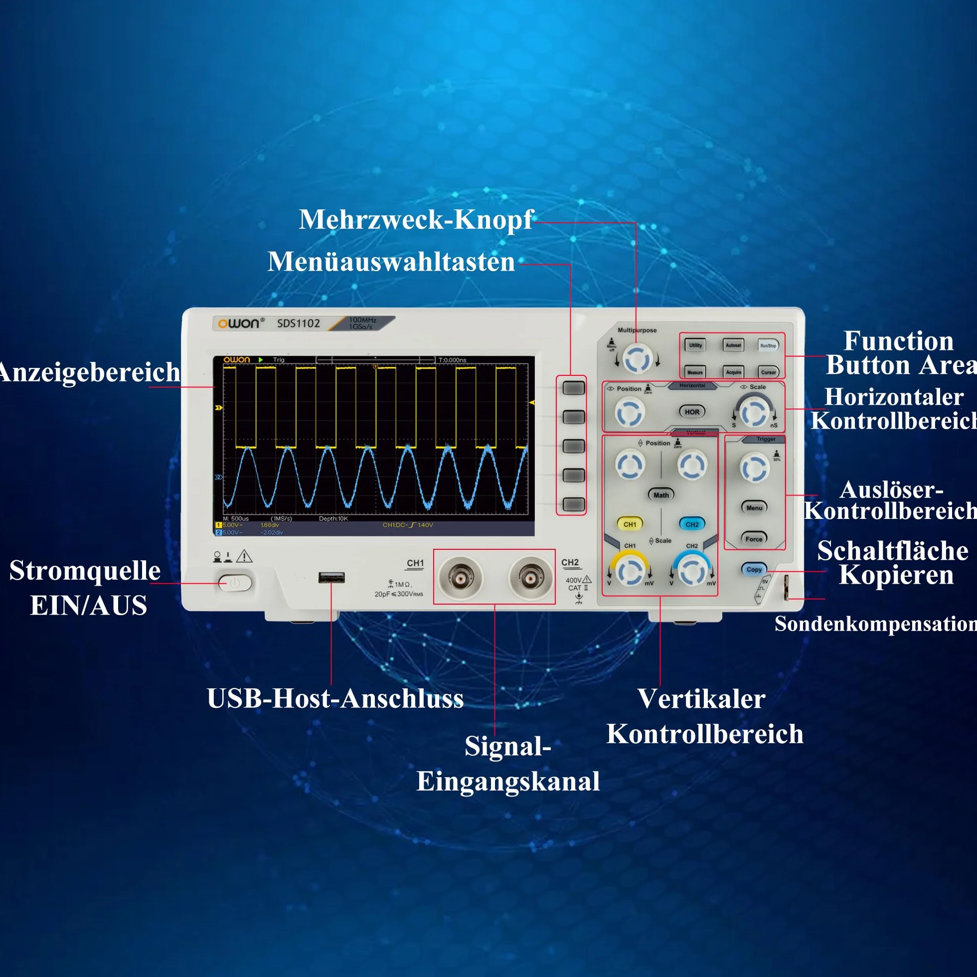 SDS1102 OWON oscyloskop pulpit lekki przenośny oscyloskop 100 MHz szerokość pasma dwukanałowy 7" kolorowy ekran z częstotliwością próbkowania 1 GSa/s