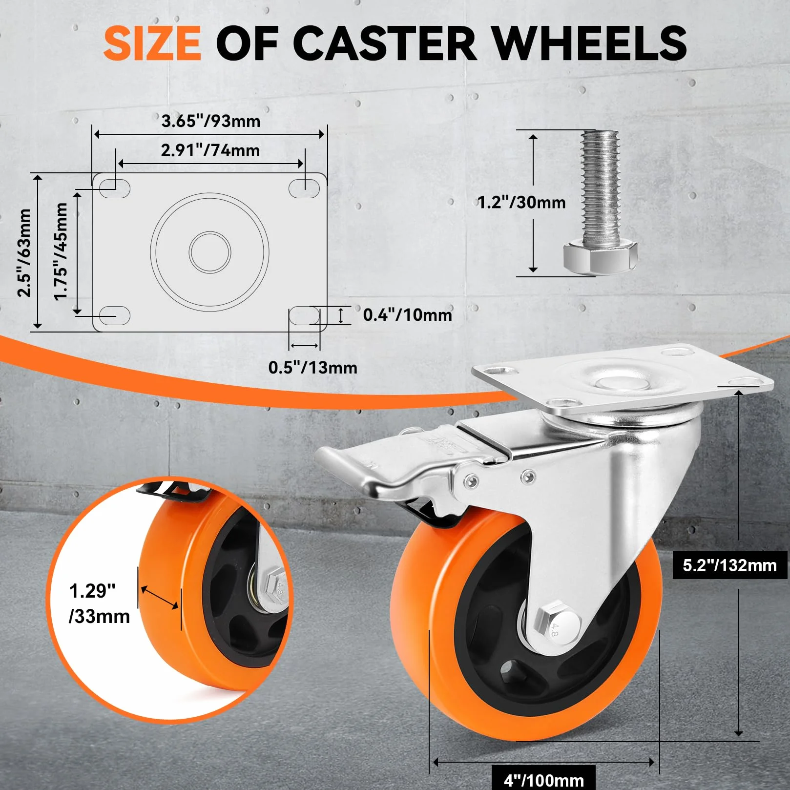 W B D WEIBIDA Caster Wheels Heavy Duty 4-calowe z udźwigiem 1200 funtów i podwójną blokadą, bezgłośne kółka poliuretanowe i wytrzymałe kółka z grubej stali do wózków, mebli, sprzętu, zestaw 4 szt