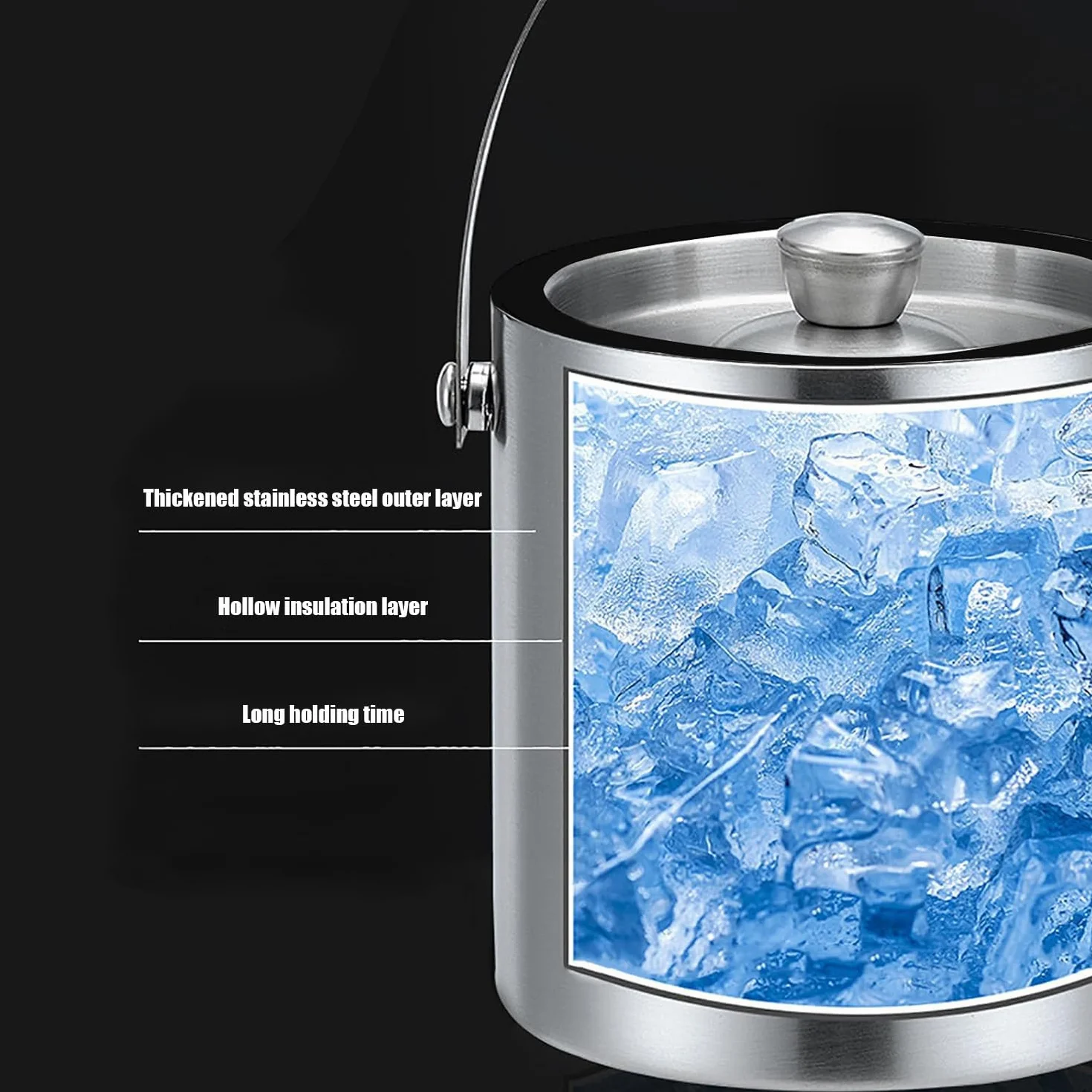Ice Cube Tray, pojemnik na kostki lodu, 2 l, ze stali nierdzewnej, z sitkiem i szczypcami do lodu, do przechowywania lodu i chłodzenia napojów, kolor srebrny