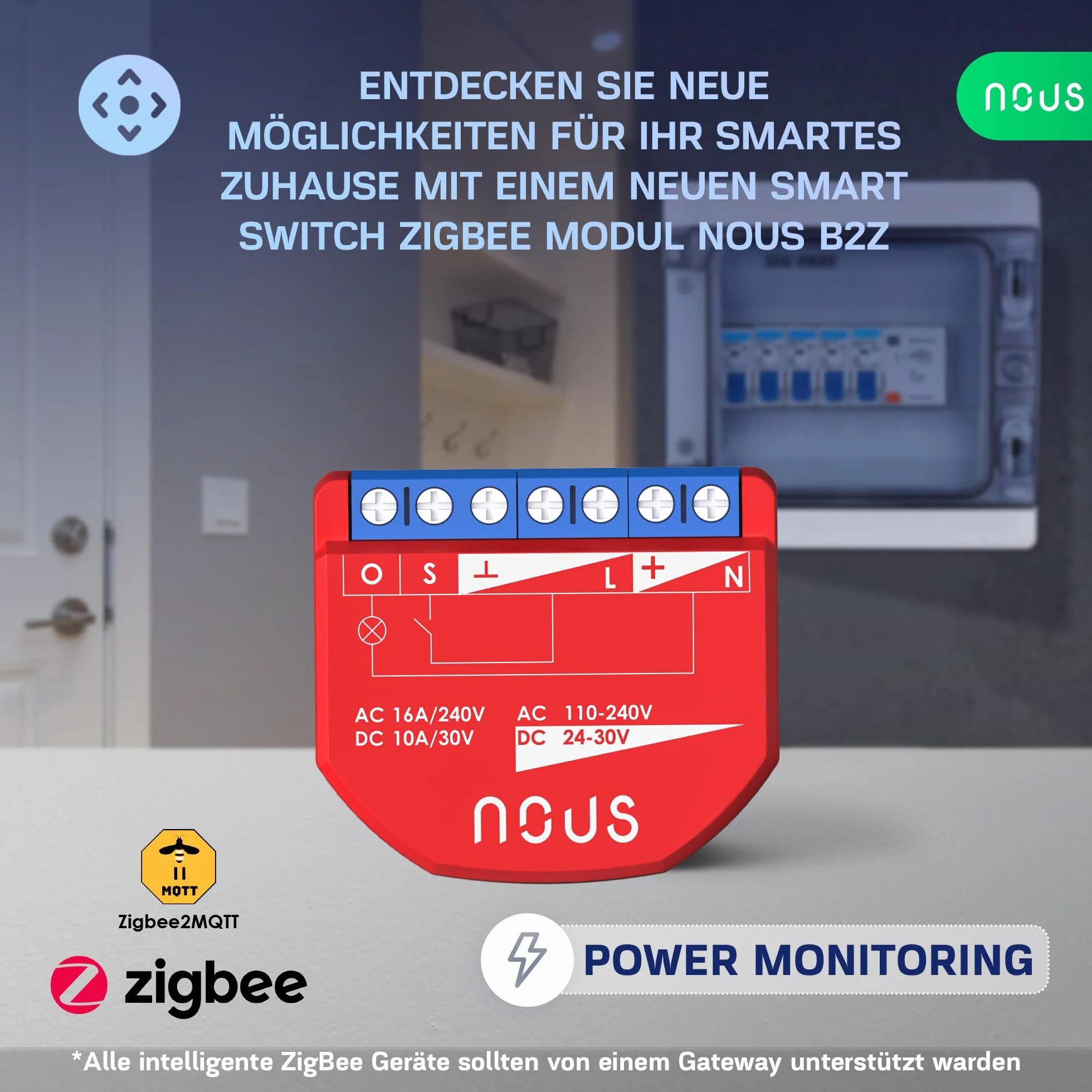 NOUS ZigBee Smart Switch moduły z pomiarem mocy, 1 kanał, AC 16 A/DC 10 A, suche styki, wymagany koncentrator 3.0, kompatybilny z Alexa, Zigbee2MQTT, Google Assistant, Home Assistant, Tuya