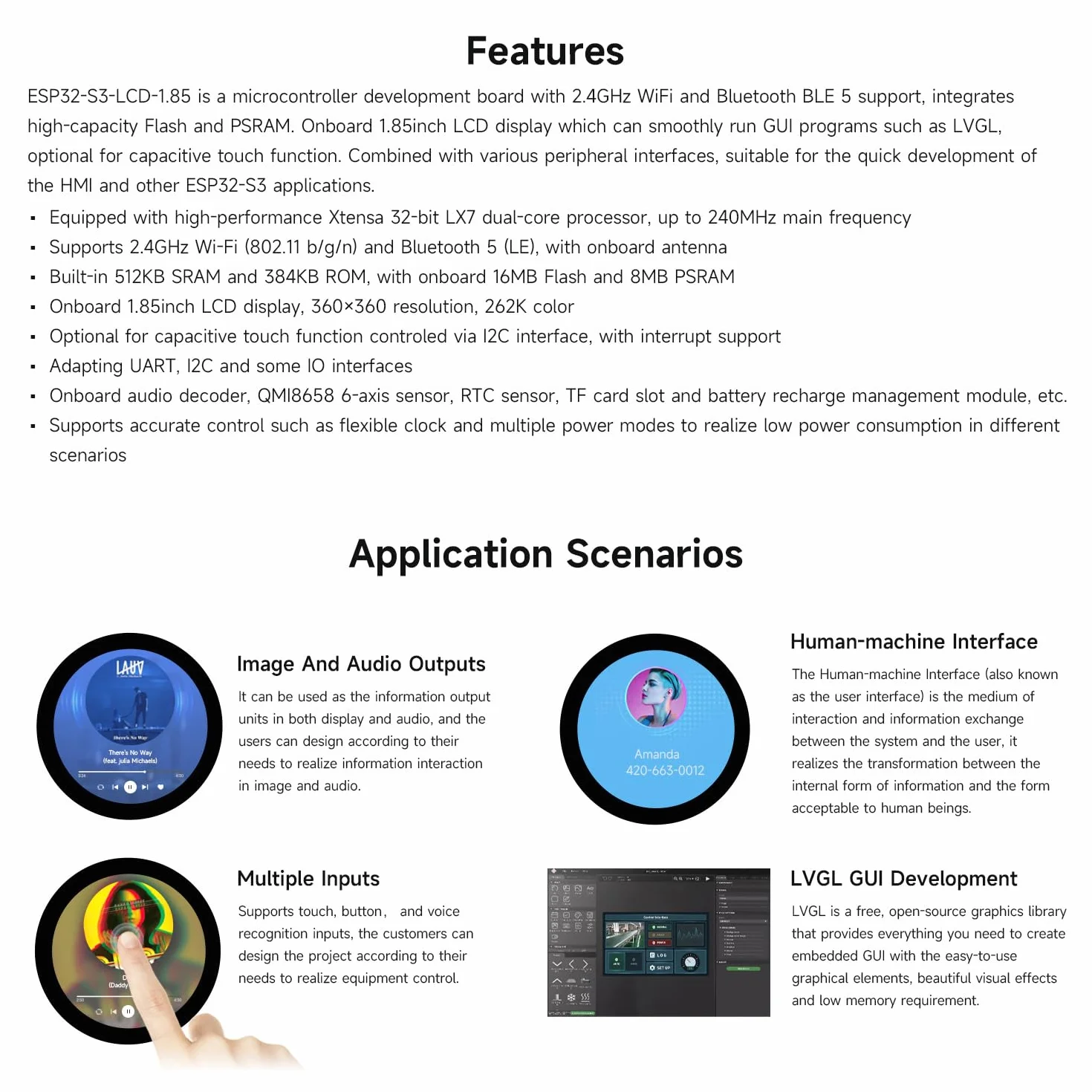 Waveshare ESP32-S3 1.85inch Touch Display Development Board 360x360 32-Bit LX7 Dual-Core 240MHz WiFi BT Accelerometer Gyroscope